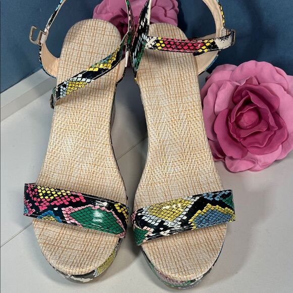 New w/o Box! Vibrant Multicolor Faux Snakeskin Platform Wedge Sandals Womens 42 - Picture 3 of 8